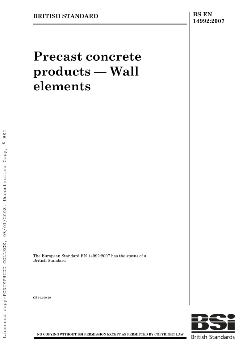 BS EN 14992-2007 Precast concrete products — Wall elements.pdf_第1页