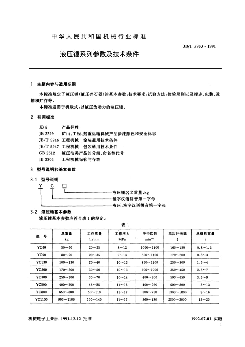 JB-T 5953-1991 液压锤 系列参数及技术条件.pdf.pdf_第2页