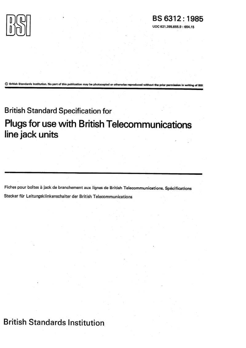 BS 6312-1985 模拟电信接口联接器.插头规范.pdf_第1页