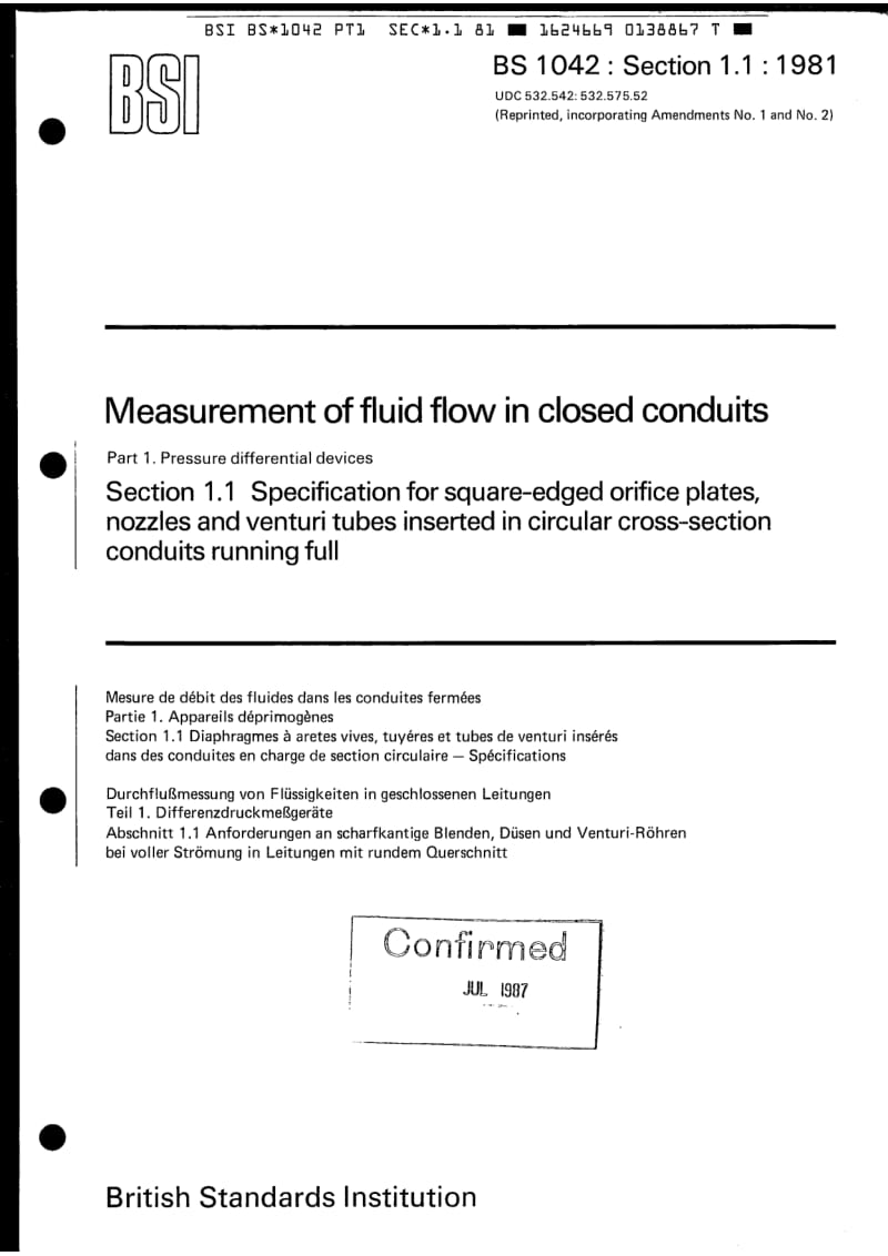 BS 1042-1.1-1981 Measurement of fluid flow in closed conduits Part1.Pressure differential devices Section 1.1 Specification.pdf_第1页