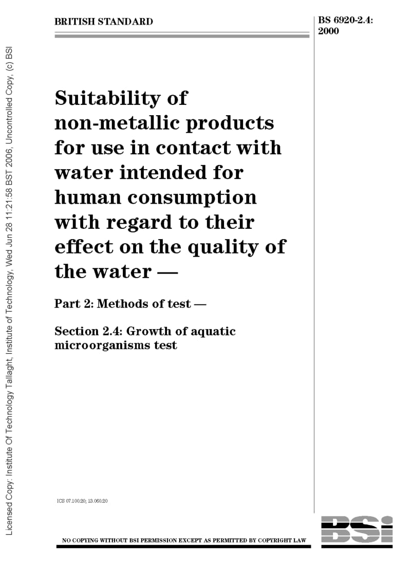 BS 6920-2.4-2000 通过其对水质的影响确定与人类用水接触的非金属产品的适用性.试验方法.水生微生物生长试验.pdf_第1页