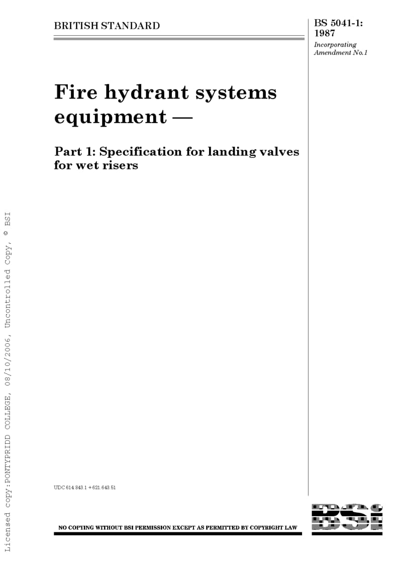 BS 5041-1-1987 消防栓系统设备.第1部分湿式水嘴接地阀规范.pdf_第1页