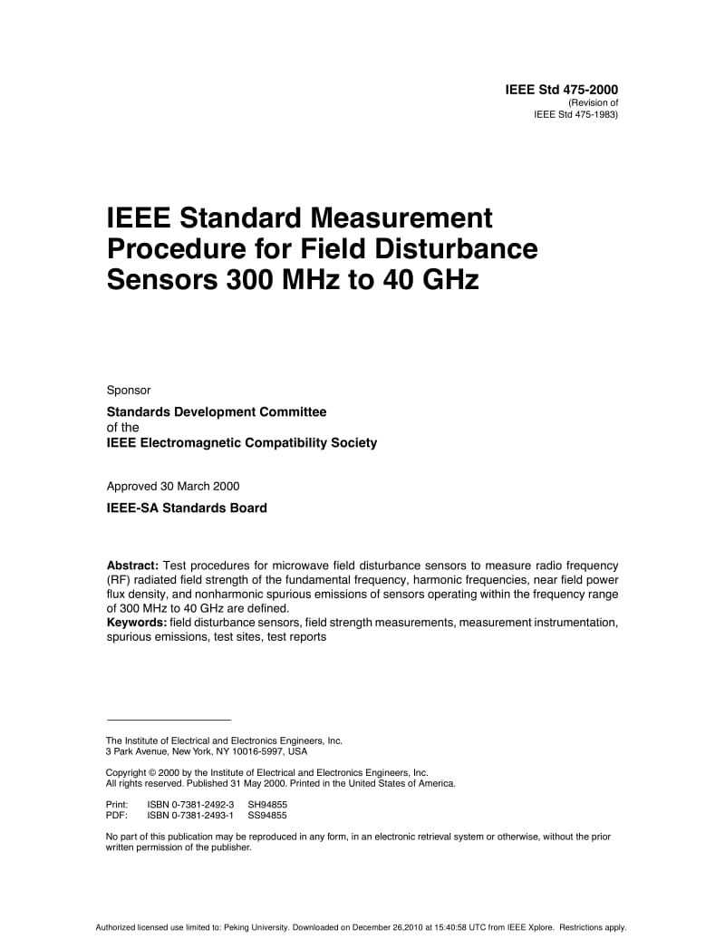 IEEE Std 475-2000 IEEE Standard Measurement Procedure for Field Disturbance Sensors 300 MHz to 40 GHz.pdf_第1页