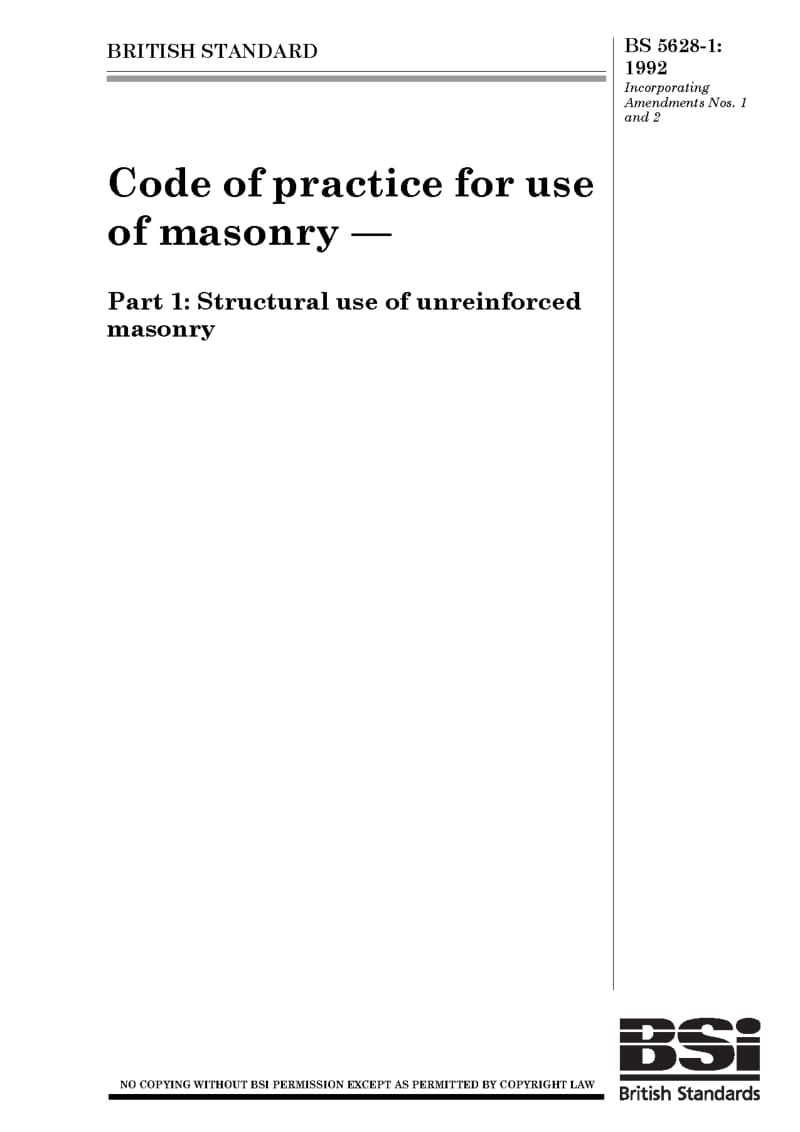 BS 5628-1-1992 Code of practice for use of masonry — Part 1 Structural use of unreinforced masonry.pdf_第1页