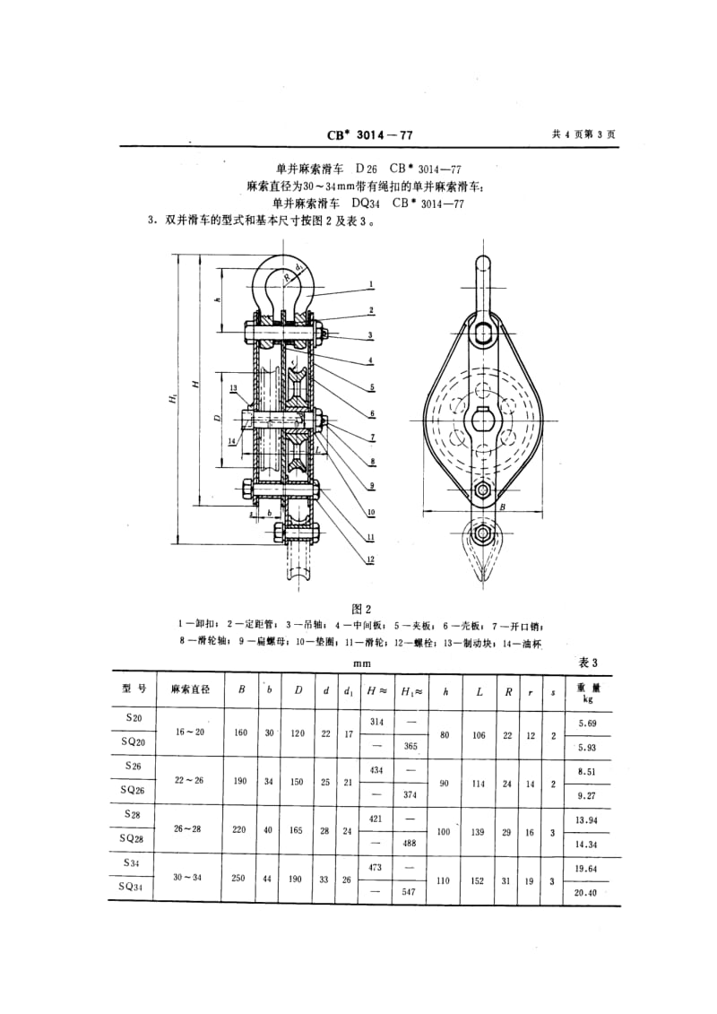 CB船舶标准-CB 3014-77 钢壳麻索滑车.pdf_第3页