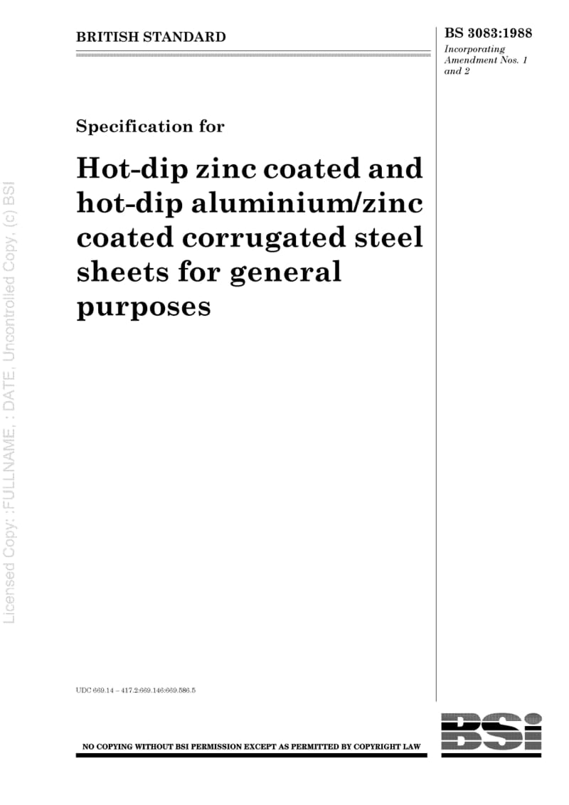 BS 3083-1988 Specification for hot dip zinc coated and hot-dip aluminium-zinc coated corrugated steel sheets for general purposes.pdf_第1页