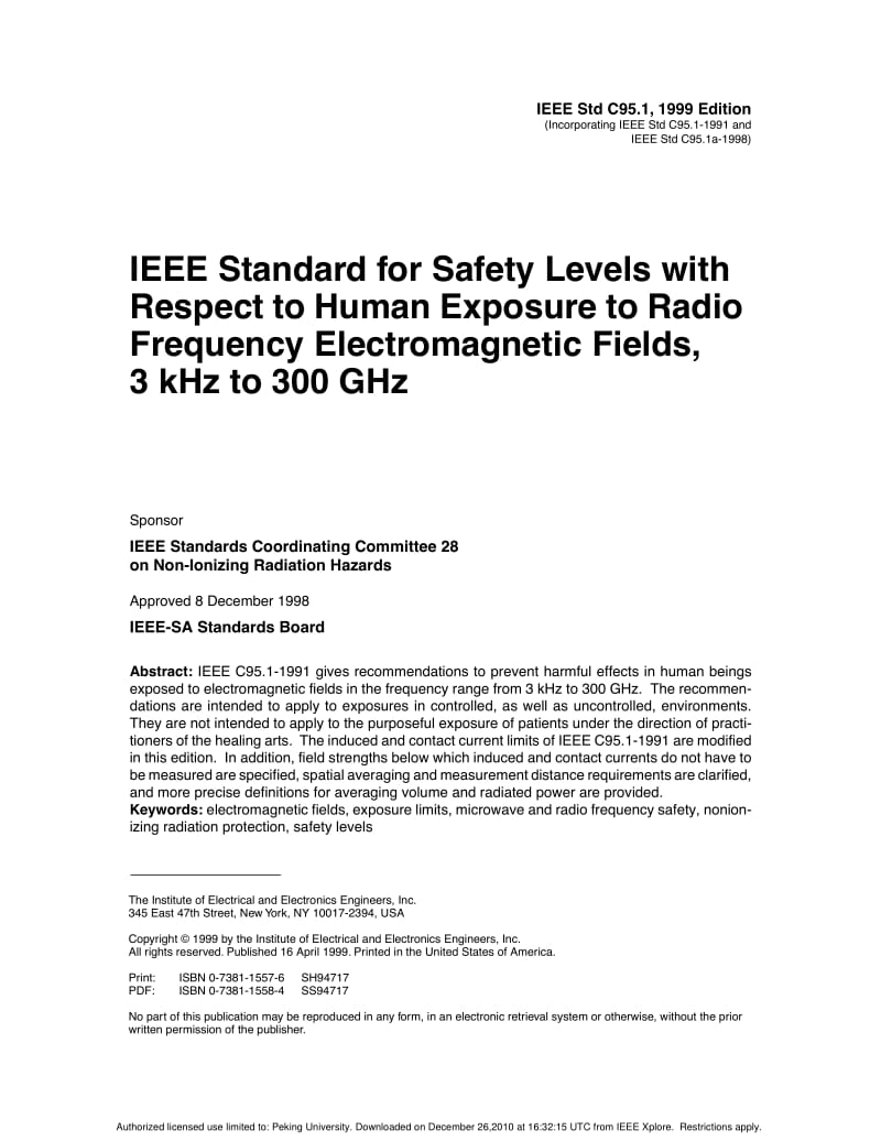 IEEE Std C95.1, 1999 Edition IEEE Standard for Safety Levels With Respect to Human Exposure to Radio Frequency Electromagnetic Fields, 3 kHz to 300 GHz.pdf_第1页