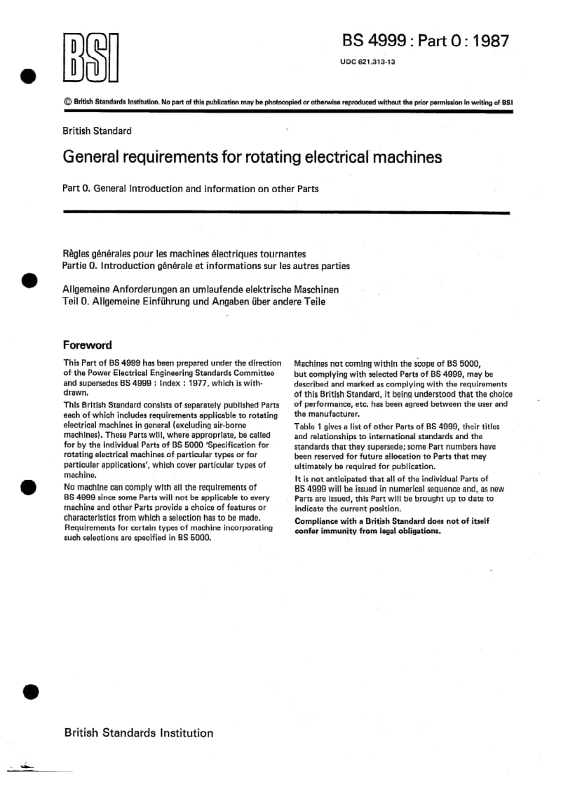 BS 4999-0-1987 旋转电机一般要求.第0部分总则和其他部分介绍.pdf_第1页
