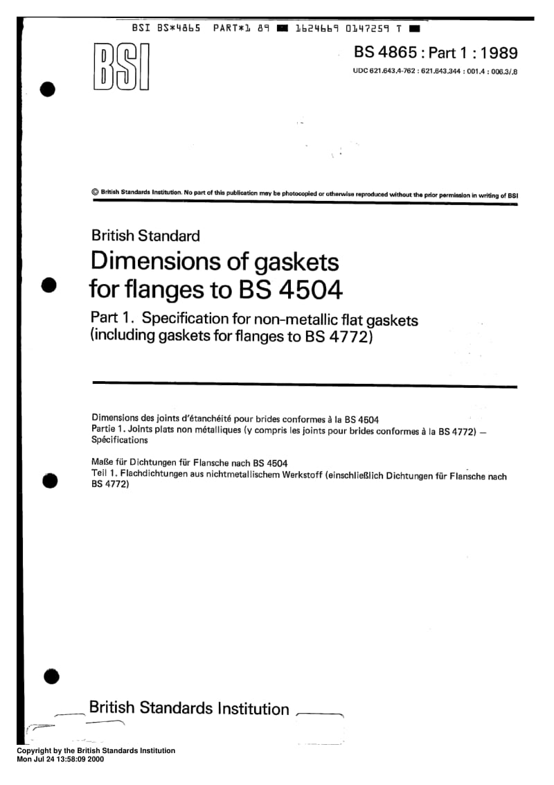 BS 4865-1-1989 Dimensions of gaskets for flanges to BS 4504 part 1 Specification for non-metallic flat gaskets.pdf_第1页
