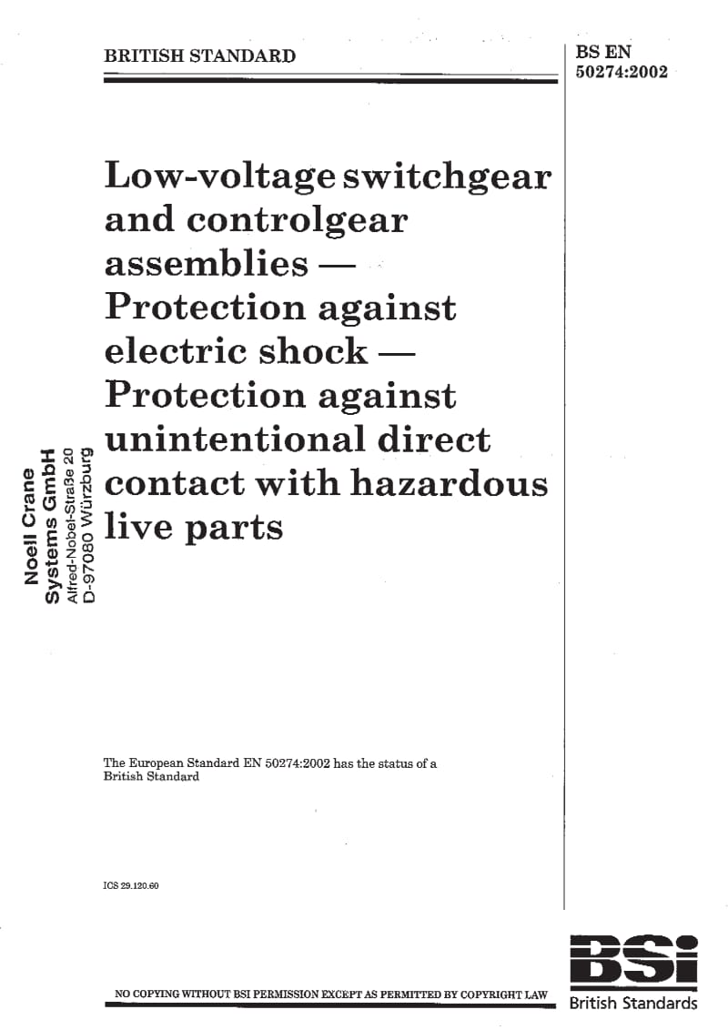 BS EN 50274-2002 电器高压开关柜、控制箱安装和防护标准.pdf_第1页