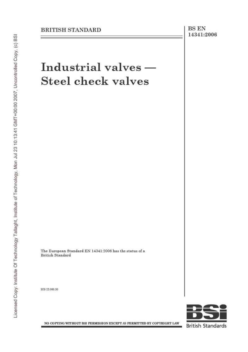BS EN 14341-2006 工业阀门 止回阀Industrial valves - Steel check valves.pdf_第1页