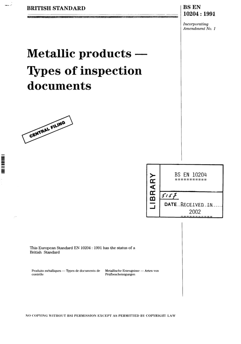 BS EN 10204-1991 Metallic Products - Types of Inspection documents1.pdf_第1页