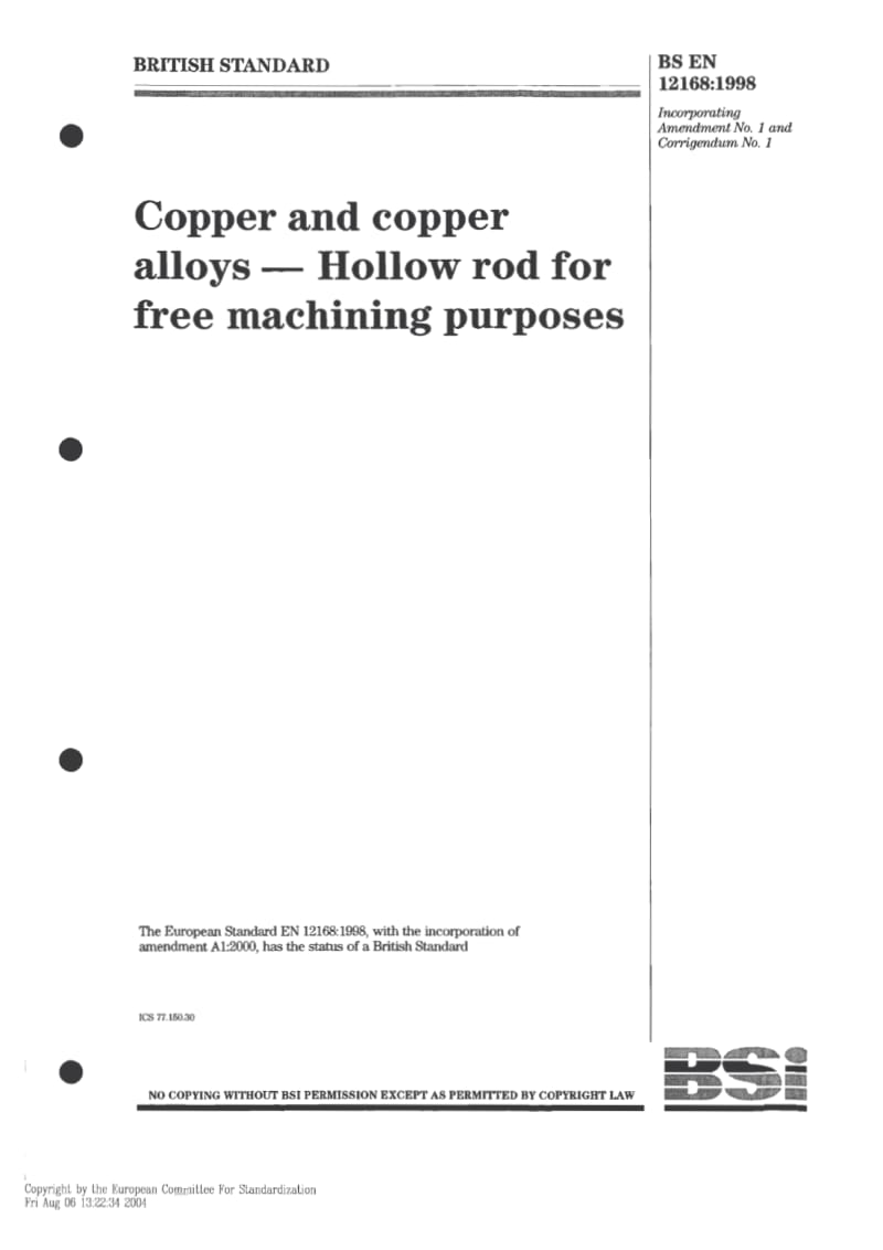 EN 12168-1998 铜和铜合金高速切削用空心棒材.pdf_第1页