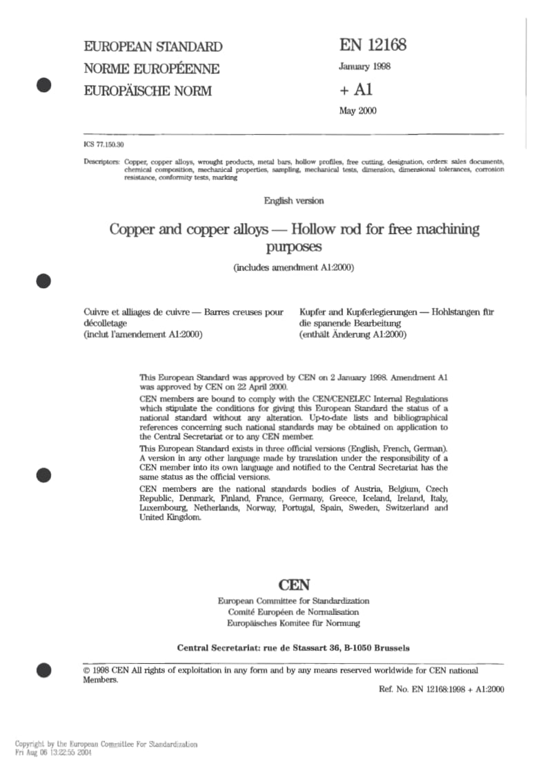 EN 12168-1998 铜和铜合金高速切削用空心棒材.pdf_第3页