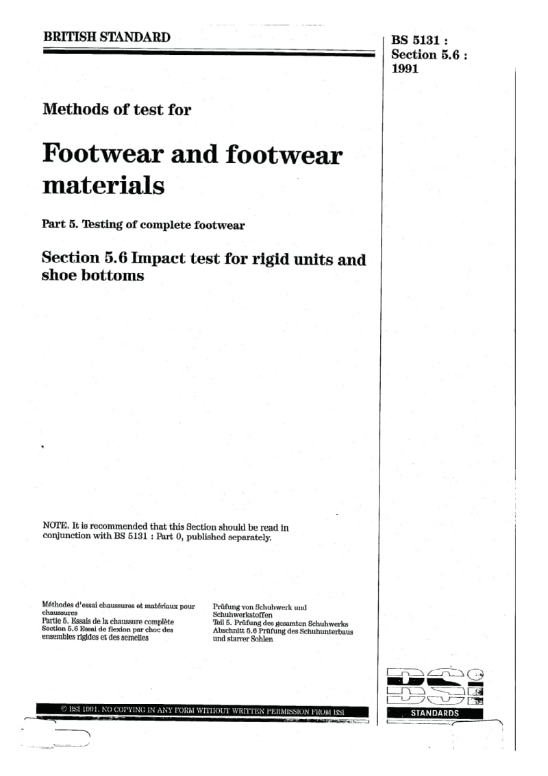 BS 5131-5.6-1991 鞋靴和鞋靴材料试验方法.第5部分成品鞋靴试验.第6节硬鞋底部件和鞋底冲击试验.pdf_第1页