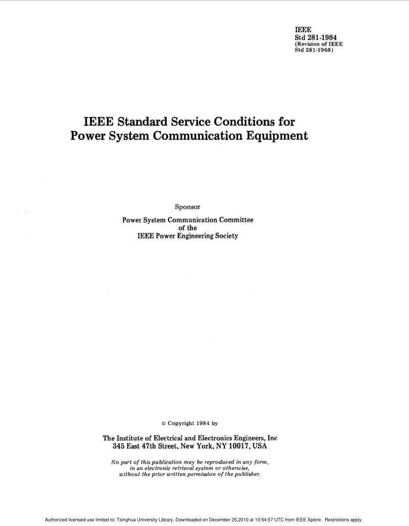 IEEE Std 281-1984 IEEE Standard Service Conditions for Power System Communication Equipment.pdf_第1页