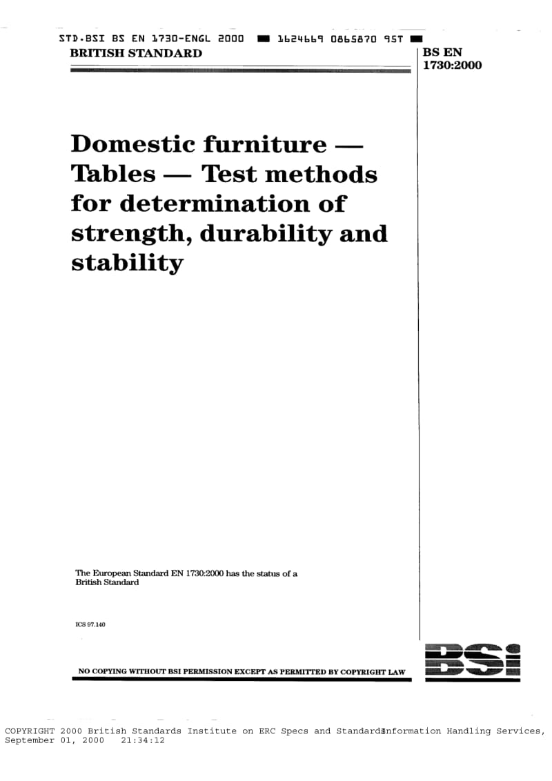BS EN 1730-2000 Domestic furniture. Tables. Test methods for determination of strength, durability and stability.pdf_第1页