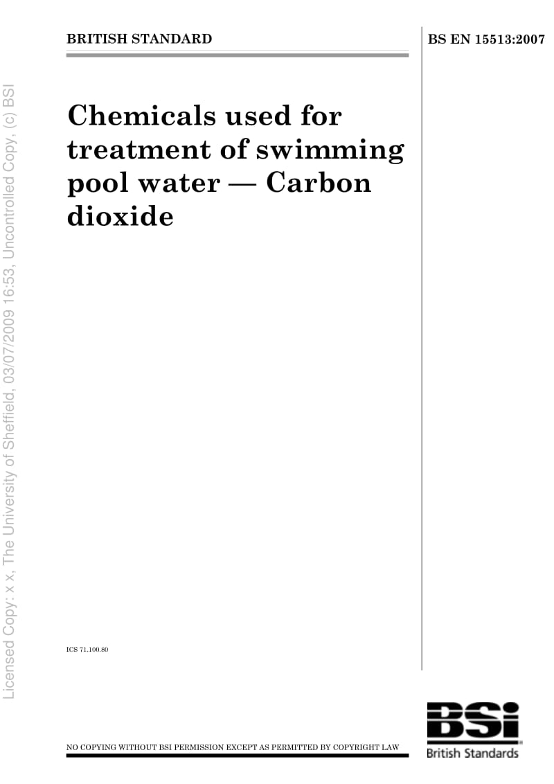 BS EN 15513-2007 Chemicals used for treatment of swimming pool water — Carbon dioxide.pdf_第1页