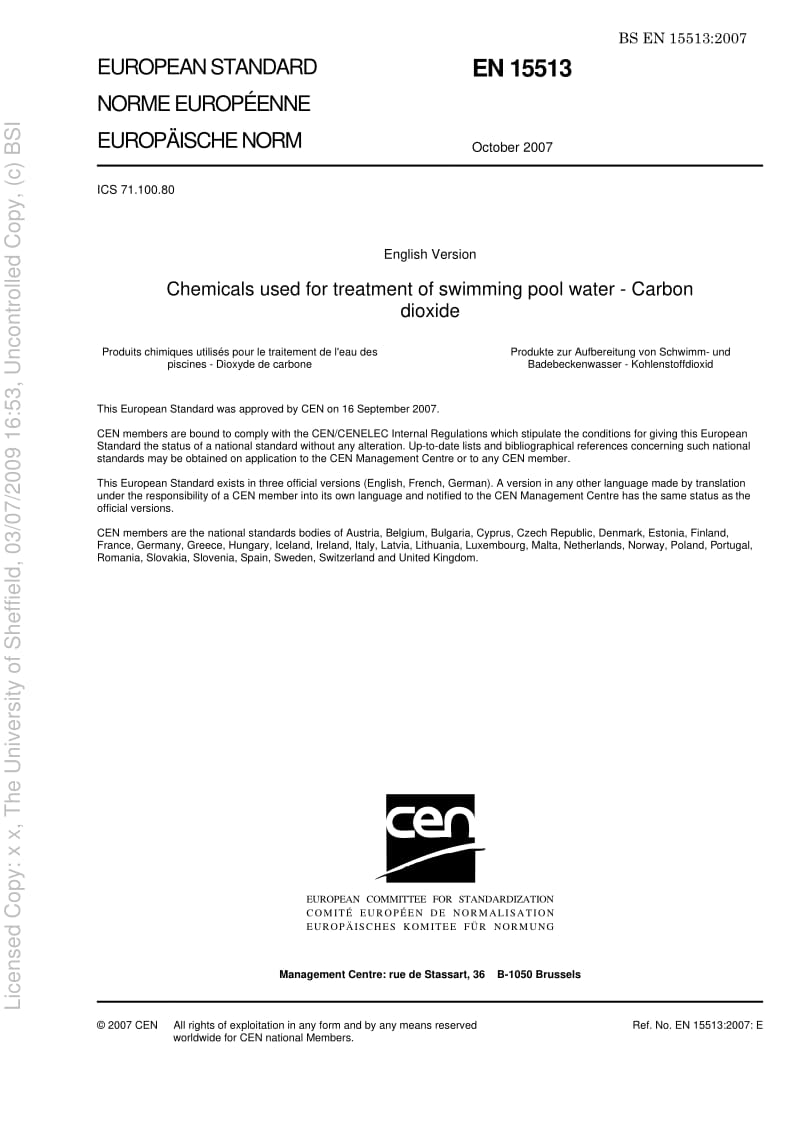 BS EN 15513-2007 Chemicals used for treatment of swimming pool water — Carbon dioxide.pdf_第3页