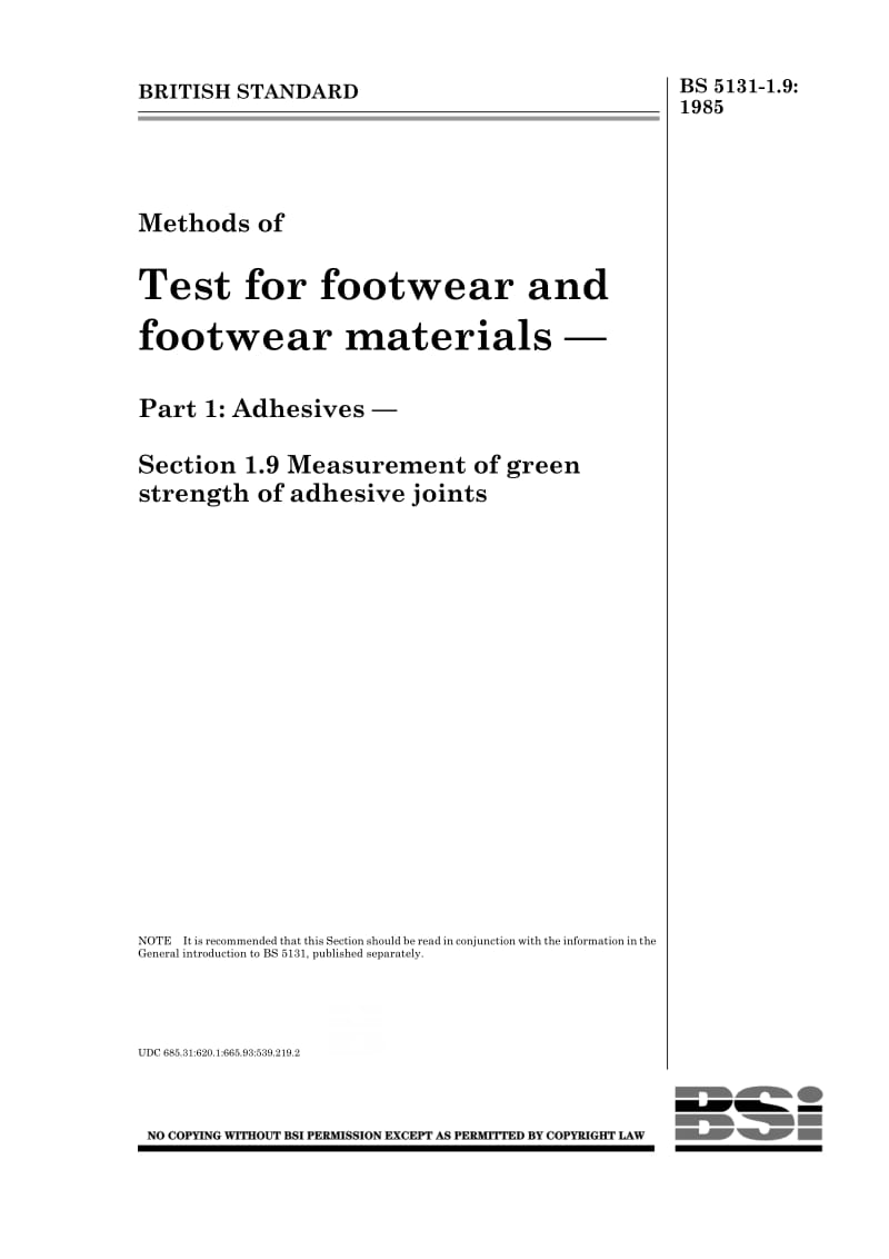 BS 5131-1.9-1985 鞋靴和鞋靴材料试验方法.第1部分胶粘剂.第9节原始胶粘结合强度测量1.pdf_第1页