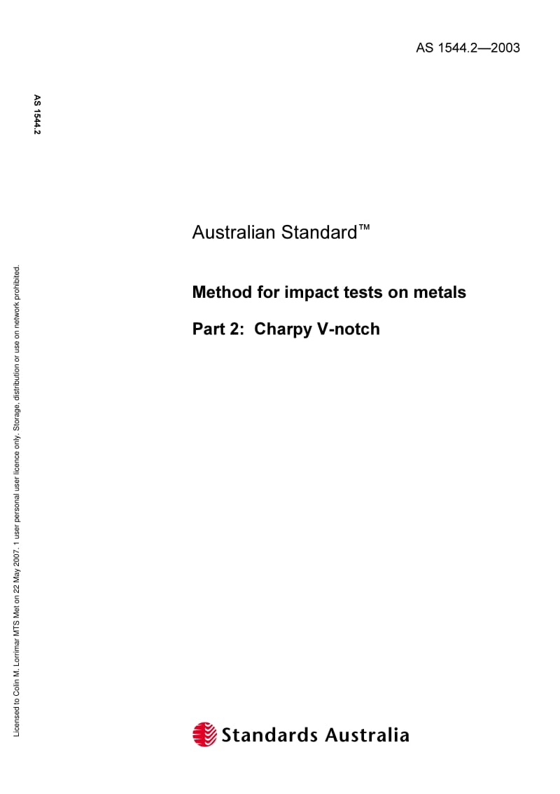 AS 1544-2-2003 Methods for impact tests on metals - Charpy V-notch.pdf_第1页