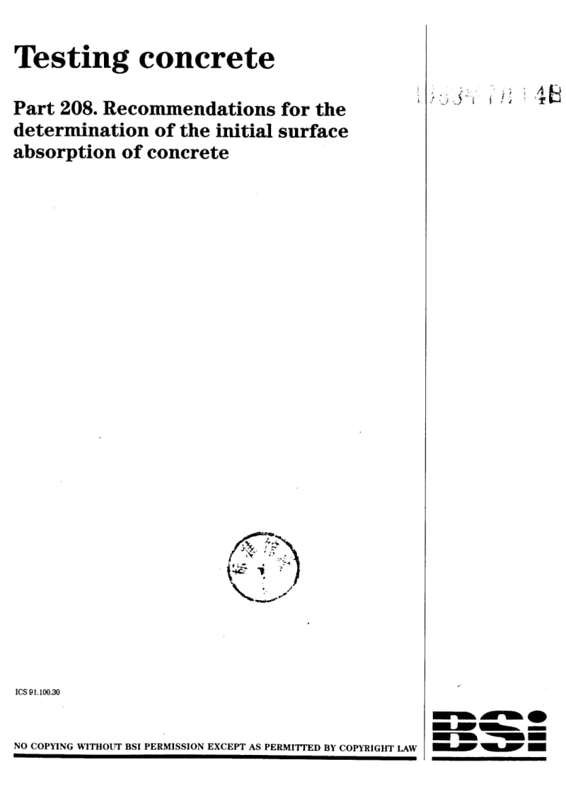 BS 1881∶Part208∶1996 Testing concrete. Recommendations for the determination of the initial surface absorption of concrete.pdf_第1页