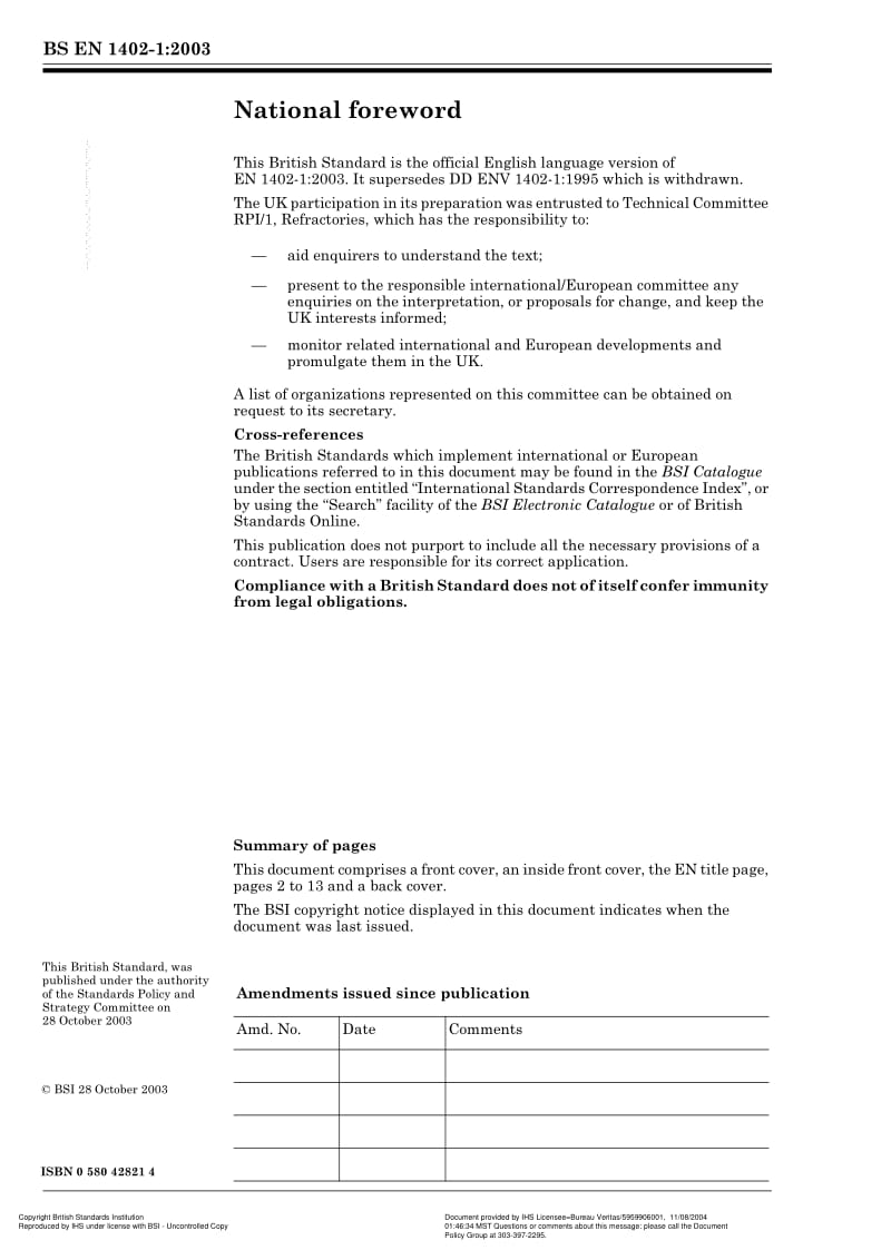 BS EN 1402-1-2003 Unshaped refractory products — Part 1 Introduction and classification.pdf_第2页