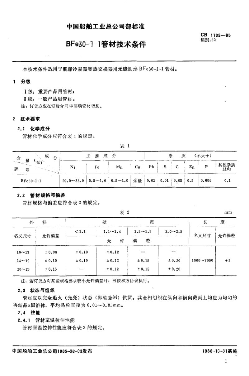 65136BFe30-1-1管材技术条件 标准 CB 1133-1985.pdf_第2页