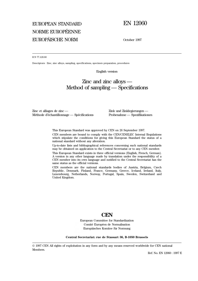 BS EN 12060-1998 锌和锌合金取样规Zinc and zinc alloys - Method of sampling - Specifications.pdf_第3页