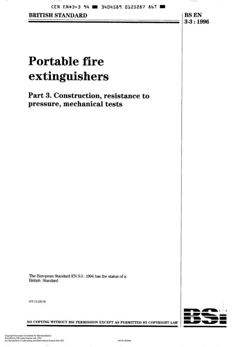 BS EN 3-3-1996 Portable fire extinguishers Part 3. Construction, resistance to pressure, mechanical tests.pdf_第1页
