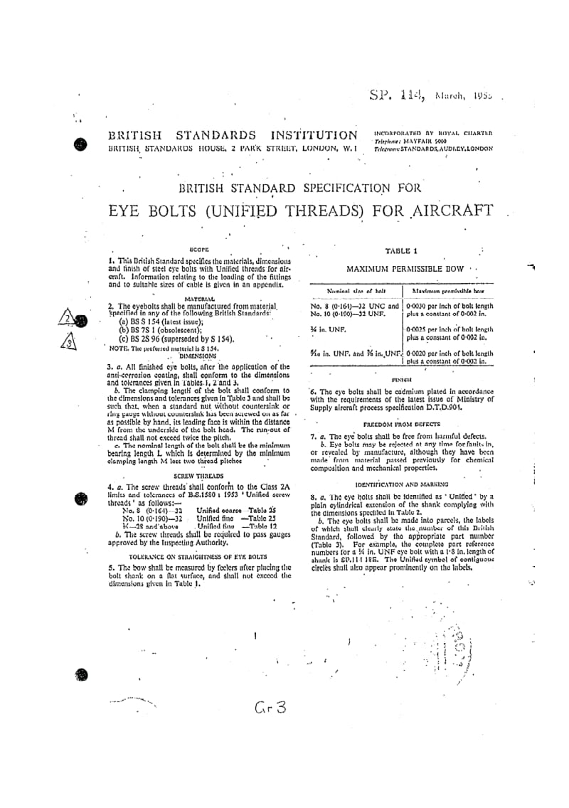BS SP 114-1955 Specification for eye bolts (unified threads) for aircraft.pdf_第1页