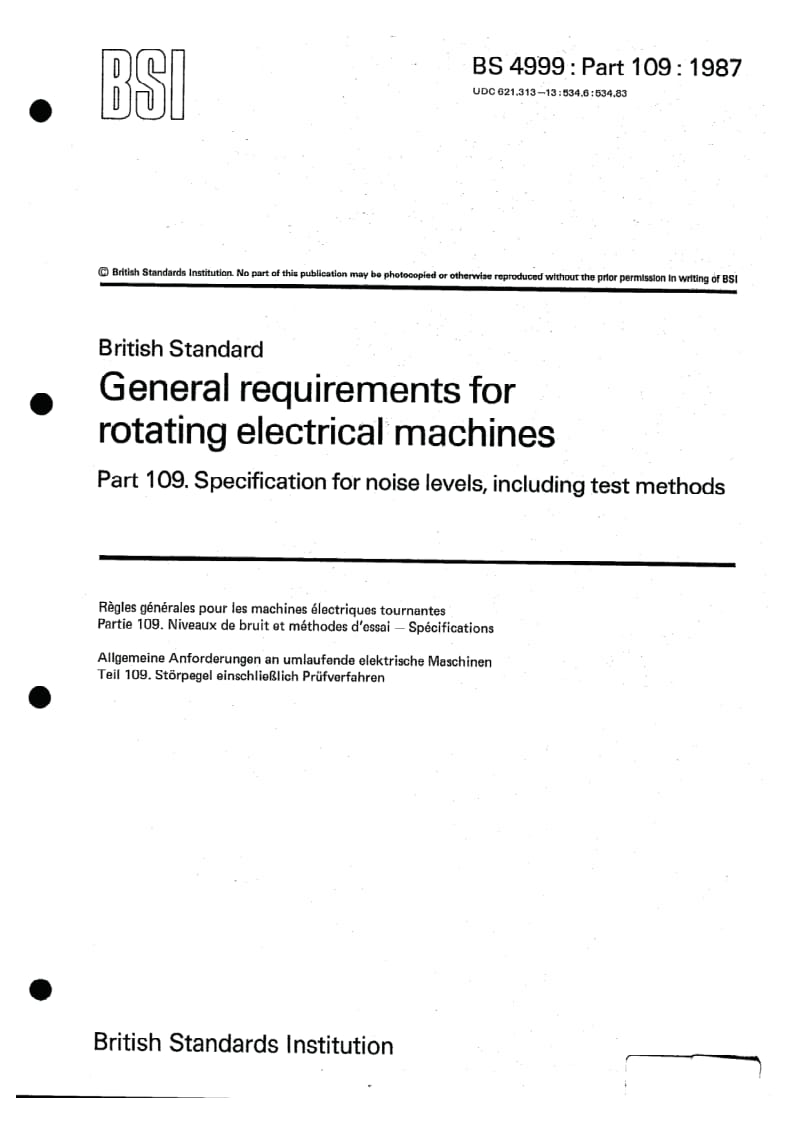 BS 4999-109-1987 General requirements for rotating electrical machines. Specification for noise levels, including test methods1.pdf_第1页