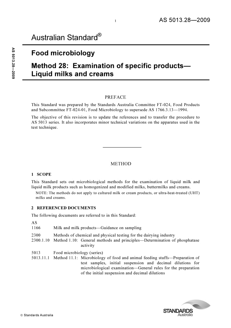 AS 5013-28-2009 Food microbiology Method 28 Examination of specific products— Liquid milks and creams.pdf_第1页