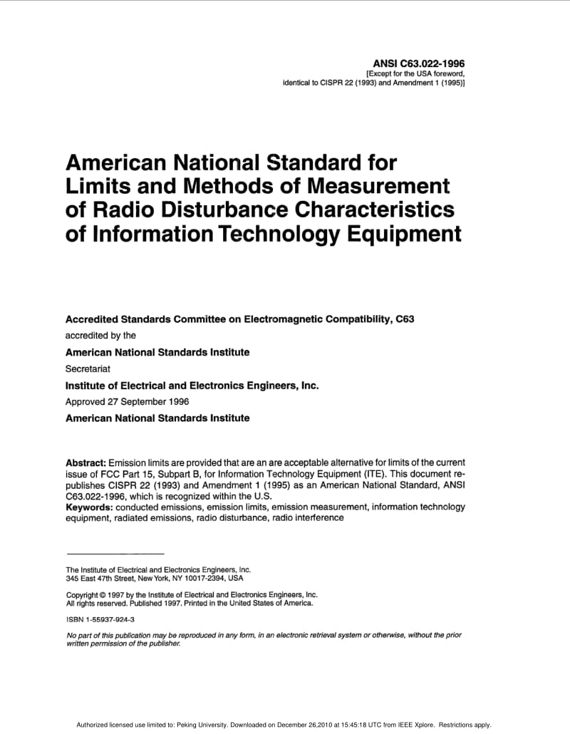 ANSI C63.022-1996 American National Standard for Limits and Methods of Measurement of Radio Disturbance Characteristics of Information Technology Equipment.pdf_第1页