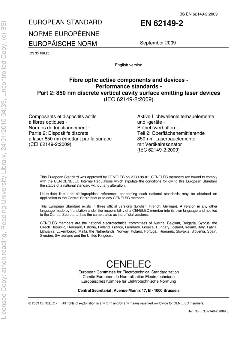 BS EN 62149-2-2009 光纤有源组件和设备.性能标准.850 nm离散垂直空腔表面发射激光设备.pdf_第3页