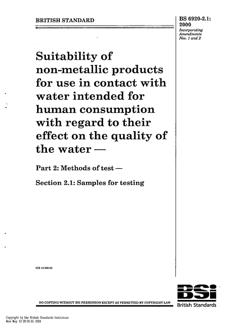 BS 6920-2.1-2000 通过非金属产品对水质的影响看其对接触人类用水的适用性.试验方法.取样和试验.pdf_第1页
