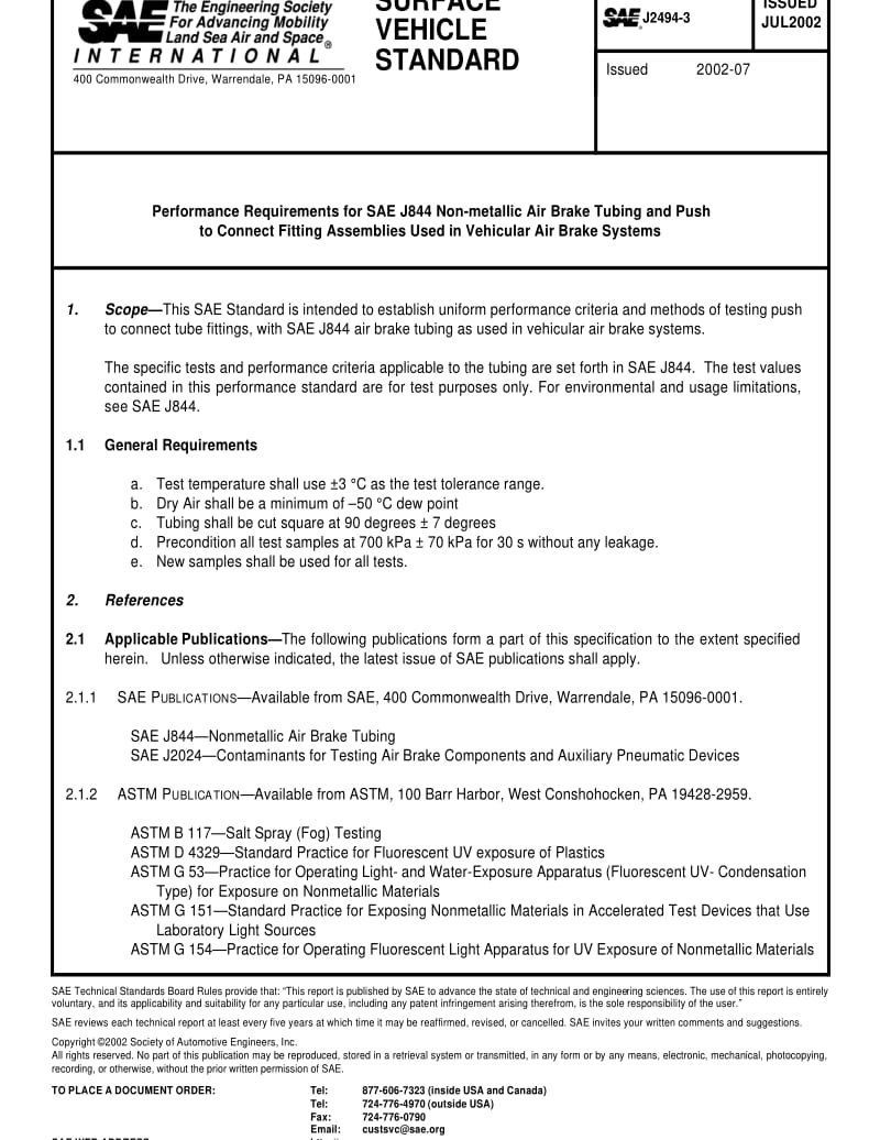 SAE J2494-3-2002 Performance Requirements for SAE J844 Non-metallic Air Brake Tubing and Push to Connect Fitting Assemblies Used in Vehicular Air Brake Systems.pdf_第1页