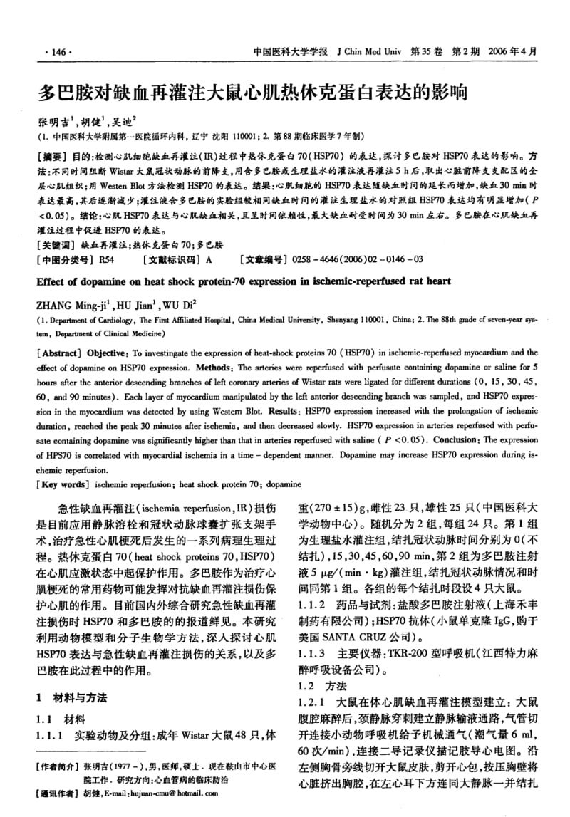 多巴胺对缺血再灌注大鼠心肌热休克蛋白表达的影响.pdf_第1页