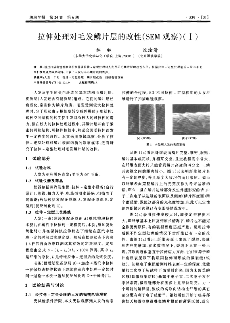 拉伸处理对毛发鳞片层的改性(SEM观察)(Ⅰ).pdf_第1页
