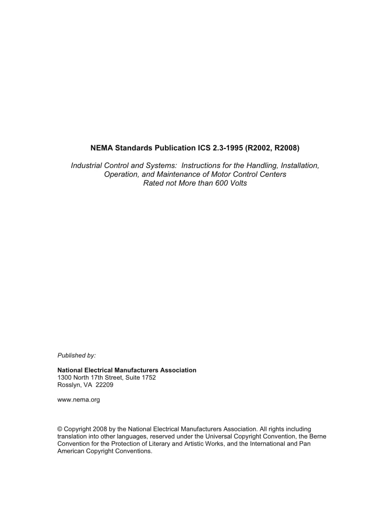 NEMA ICS 2.3-1995(R2008) Industrial Control and Systems Instructions for the Handling,Installation,Operation, and Maintenance of Motor Control Centers Rated not More than 600 Volts.pdf_第1页