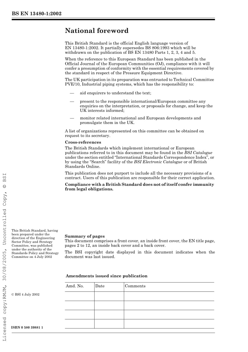 【BS英国标准】BS EN 13480-1-2002 Metallic industrial piping-Generals.pdf_第2页