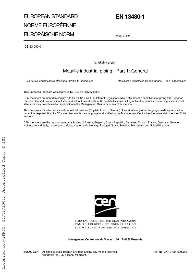【BS英国标准】BS EN 13480-1-2002 Metallic industrial piping-Generals.pdf_第3页