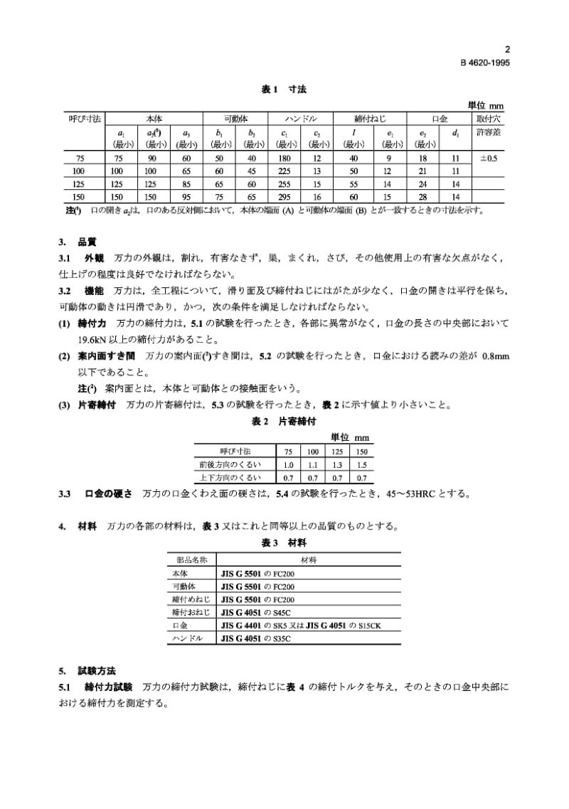 【JIS日本标准大全】JIS B4620-1995 Parallel bench vices (Square jaw type).pdf_第2页