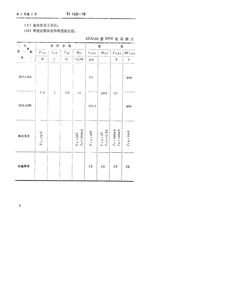 [电子标准]-SJ 1425-1978 3DA106型NPN硅高频大功率三极管.pdf_第2页