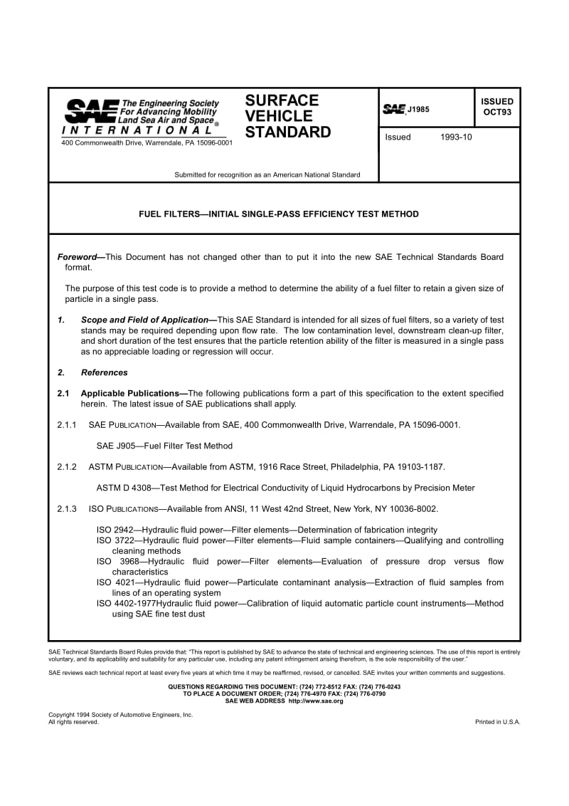 SAE J1985-1993 燃料过滤器-最初的单一的-经过效率测试方法.pdf_第1页