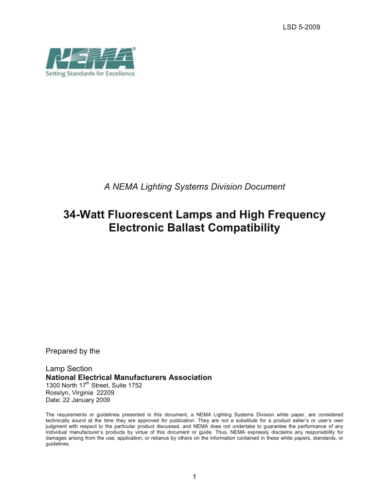 NEMA LSD 5-2009 A NEMA Lighting Systems Division Document 34-Watt Fluorescent Lamps and High Frequency Electronic Ballast Compatibility.pdf_第1页