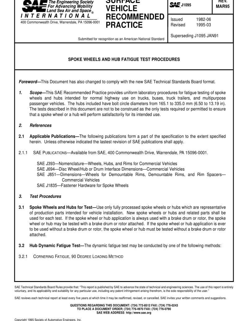 SAE J1095-1995 SPOKE WHEELS AND HUB FATIGUE TEST PROCEDURES.pdf_第1页