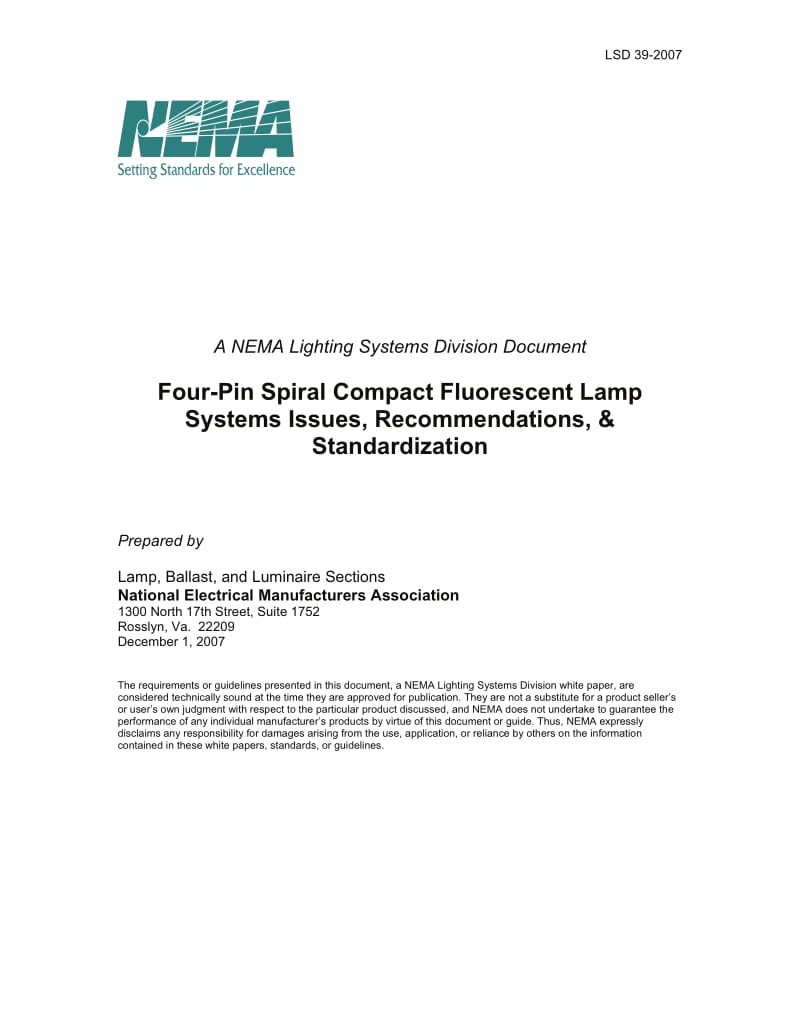 NEMA LSD 39-2007 Spiral CFLs Four-Pin Spiral CFL Systems Issues1.pdf_第1页