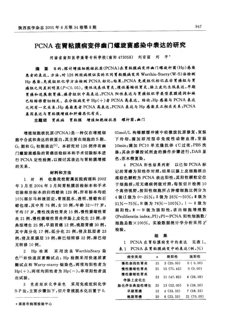 PCNA在胃粘膜病变伴幽门螺旋菌感染中表达的研究.pdf_第1页