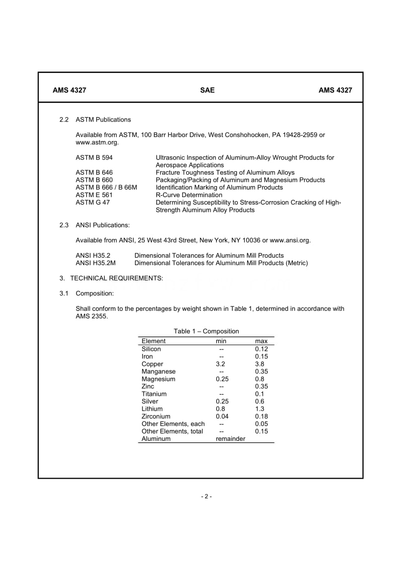 SAE AMS 4327-2003 Aluminum Alloy, Plate (2098-O)3.5Cu - 1.1Li - 0.50Mg - 0.40Ag - 0.11Zr Annealed.pdf_第2页